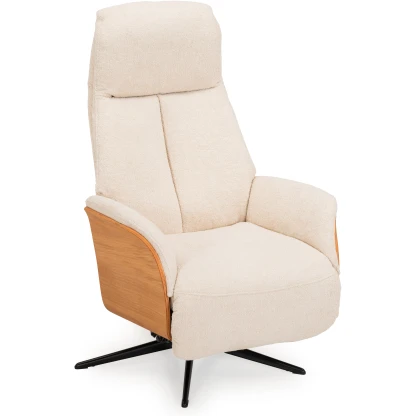 Recliner i teddystoff og eikeplater på vangene
