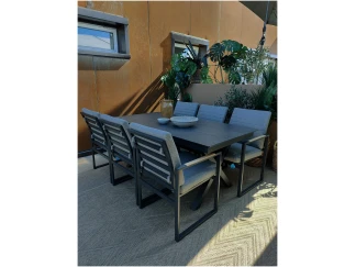 HPL X-leg spisebord m/uttrekk og 6 spisestoler